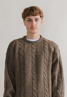 Vintage 90s Nordic Brown Roundneck Cable Knit Jumper L