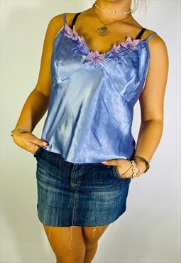 Vintage Size L Y2K Floral Cami Top In Blue