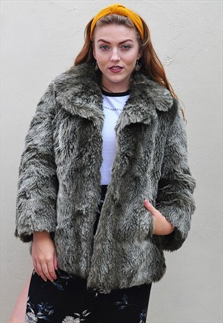 VINTAGE GREY FAUX FUR JACKET COAT