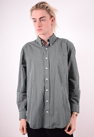 NAUTICA MENS VINTAGE SHIRT LARGE GREEN STRIPES 90S