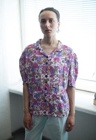 VINTAGE 80'S MULTI COLOUR FLOWER PRINT SHORT SLEEVED SHIRT