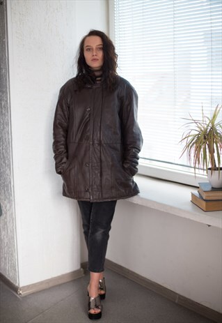 VINTAGE 80'S LEATHER PARKA COAT IN BROWN
