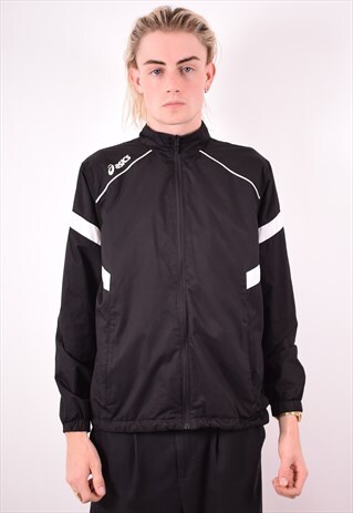 ASICS MENS VINTAGE TRACKSUIT TOP JACKET SMALL BLACK 90S