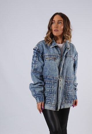 VINTAGE DENIM BOMBER JACKET OVERSIZED LONGLINE UK 14 (JM3H)