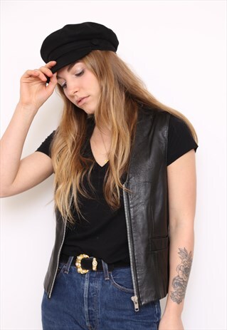 VINTAGE 90S BLACK LEATHER ZIP WAISTCOAT