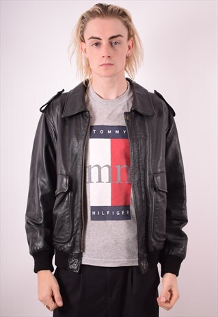 MENS VINTAGE FAUX LEATHER JACKET MEDIUM BLACK 90S