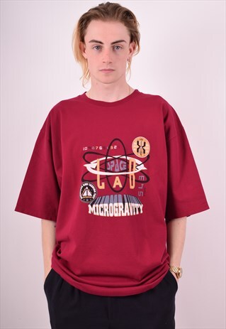 MENS VINTAGE SPACE T-SHIRT TOP XL MAROON 90S
