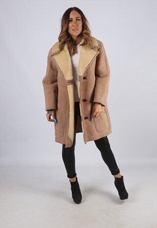 VINTAGE SHEEPSKIN SUEDE SHEARLING COAT SHORT MID UK 14 (J2K)