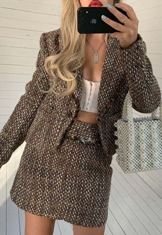 VINTAGE 90S BROWN WOVEN WOOL BLEND TWEED MINI SKIRT SET