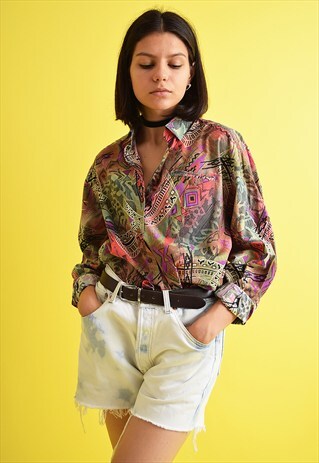 90'S RETRO BOHO PATTERN PRINT OVERSIZED SHIRT TOP