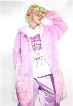  Faux fur long coat raver bomber burning man jacket in pink