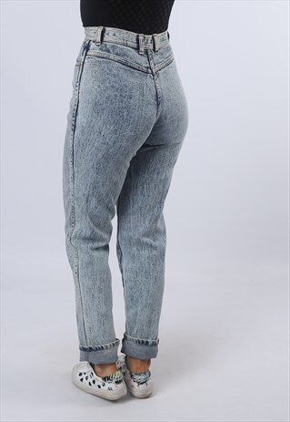 HIGH WAISTED DENIM JEANS TAPERED LEG VINTAGE UK 8 (E9EI)