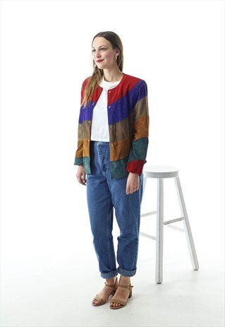 COLORBLOCK LEATHER JACKET / ROUND NECK SPRING COAT