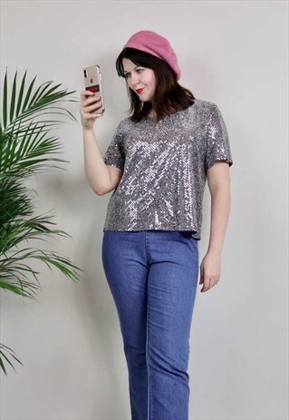 VINTAGE 90S SILVER SEQUIN PARTY SHIMMER TOP