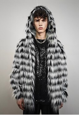 Shaggy striped fur jacket black white detachable luxe bomber