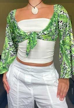 Green Print Tie Front Crop Top