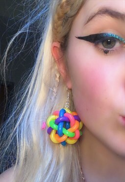 handmade funky unisex rainbow spaghetti/orbit ball earrings
