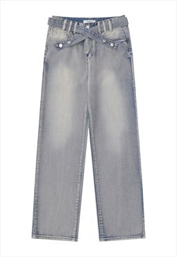 Acid wash jeans faded denim pants retro trousers in grey