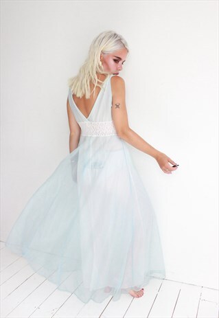 VINTAGE 60S WHITE & BABY BLUE FLOATY SLIP DRESS