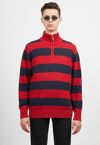 VINTAGE TOMMY HILFIGER 1/4 ZIP STRIPED KNIT JUMPER SWEATER