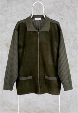Vintage St Michael Wool Suede Zip Jumper Cardigan Green M