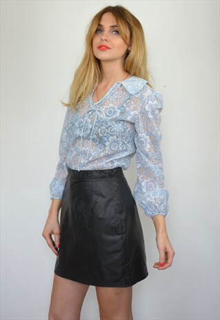 VINTAGE 90S BLACK LEATHER FITTED HIGH WAISTED MINI SKIRT