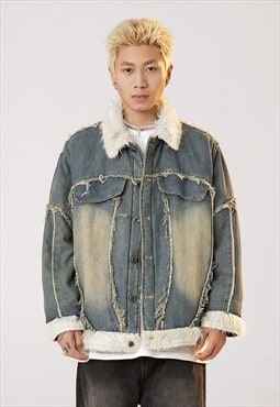 Winter denim jacket faux fur lined jean bomber bleached coat