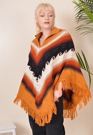 VINTAGE AUTUMN PATTERNED WOOL KNITTED HIPPY CAPE PONCHO 90S
