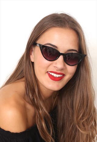 BLACK RETRO THIN CAT EYE SUNGLASSES UV400