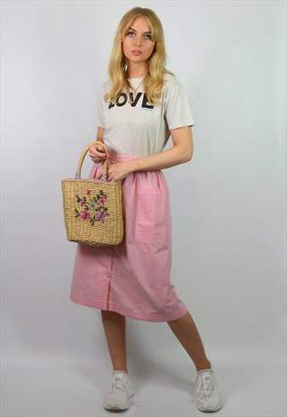 VINTAGE HIGH WAISTED PINK & WHITE STRIPE MIDI SKIRT