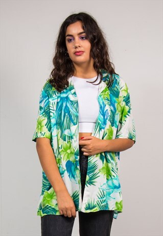 VINTAGE 90'S GREEN SHORT SLEEVE HAWAIIAN OPEN COLLAR SHIRT