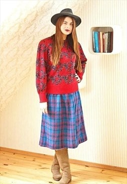 Bright blue and red checked vintage wool skirt