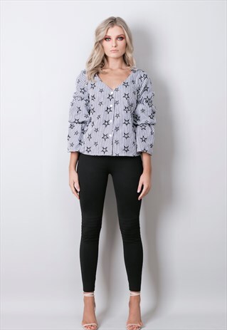 STATEMENTS SLEEVES TOP IN NAVY STRIPES WITH EMBROIDERED STAR