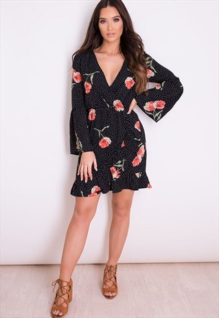 HALLIE FLUTE SLEEVE FLORAL WRAP DRESS POLKA DOT