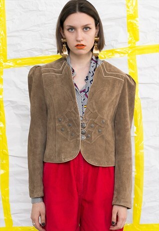 VINTAGE 80S BEIGE SUEDE SHORT LEATHER JACKET