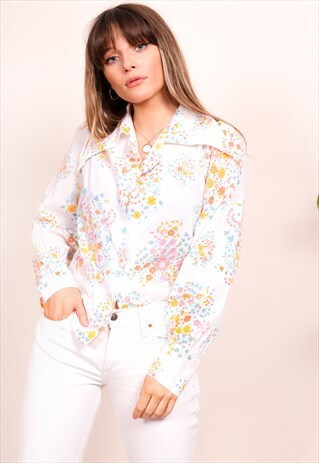VINTAGE 80S WHITE FLORAL PRINT LONG SLEEVE BLOUSE
