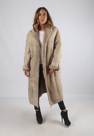 VINTAGE SHEEPSKIN SUEDE SHEARLING COAT LONG UK 16 (J9BM)