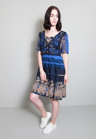 VINTAGE 1970'S BLUE PATTERNED BOHO SUMMER DRESS