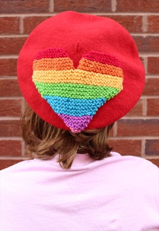 VINTAGE 90'S RED WOOL BERET WITH GIANT KNITTED RAINBOW HEART