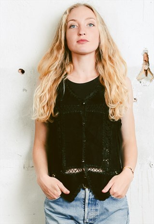 VINTAGE 90S BLACK LEATHER FESTIVAL VEST