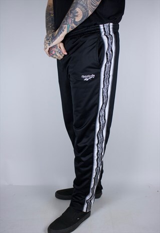 VINTAGE REEBOK TAPED LOGO JOGGERS IN BLACK RELAXED FIT