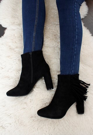 WOMENS LADIES BLACK FAUX SUEDE FRINGE BLOCK HEEL ANKLE BOOT
