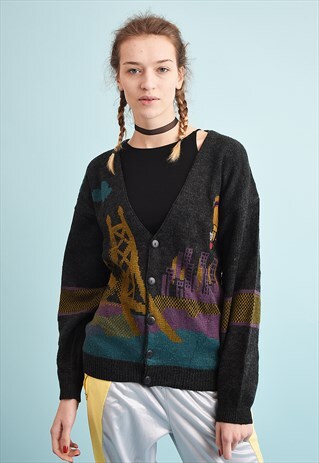 90'S RETRO LANDSCAPE PATTERN OVERSIZED KNIT CARDIGAN
