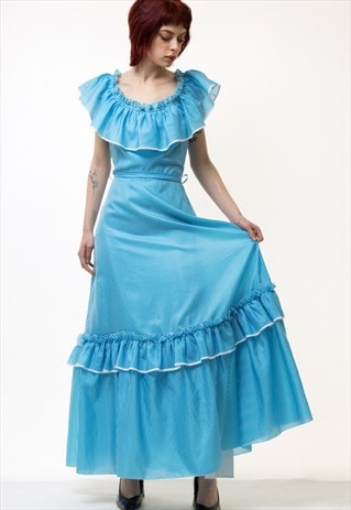 70s Vintage Woman Maxi Long Babydoll Blue Dress 5334