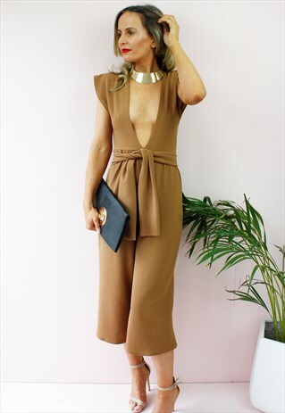 BEIGE PLUNGE SLEEVELESS WIDE CULOTTES PALAZZO JUMPSUIT