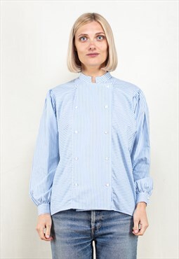 Vintage 80s Cotton Stripe Collarless Shirt in Blue and White