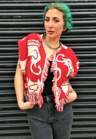 VINTAGE ELEPHANT PRINT TASSELLED WAISTCOAT