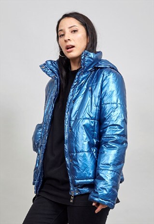 VINTAGE 90'S METALLIC BLUE HOODED PUFFER JACKET