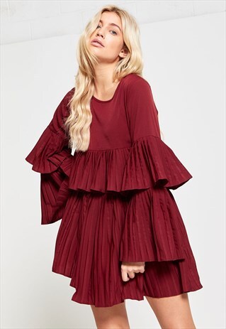WINE PLEATED FRILL SLEEVE MINI DRESS