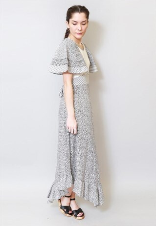 VINTAGE 1970'S MONOCHROME FLORAL PRINT FOLK MAXI DRESS